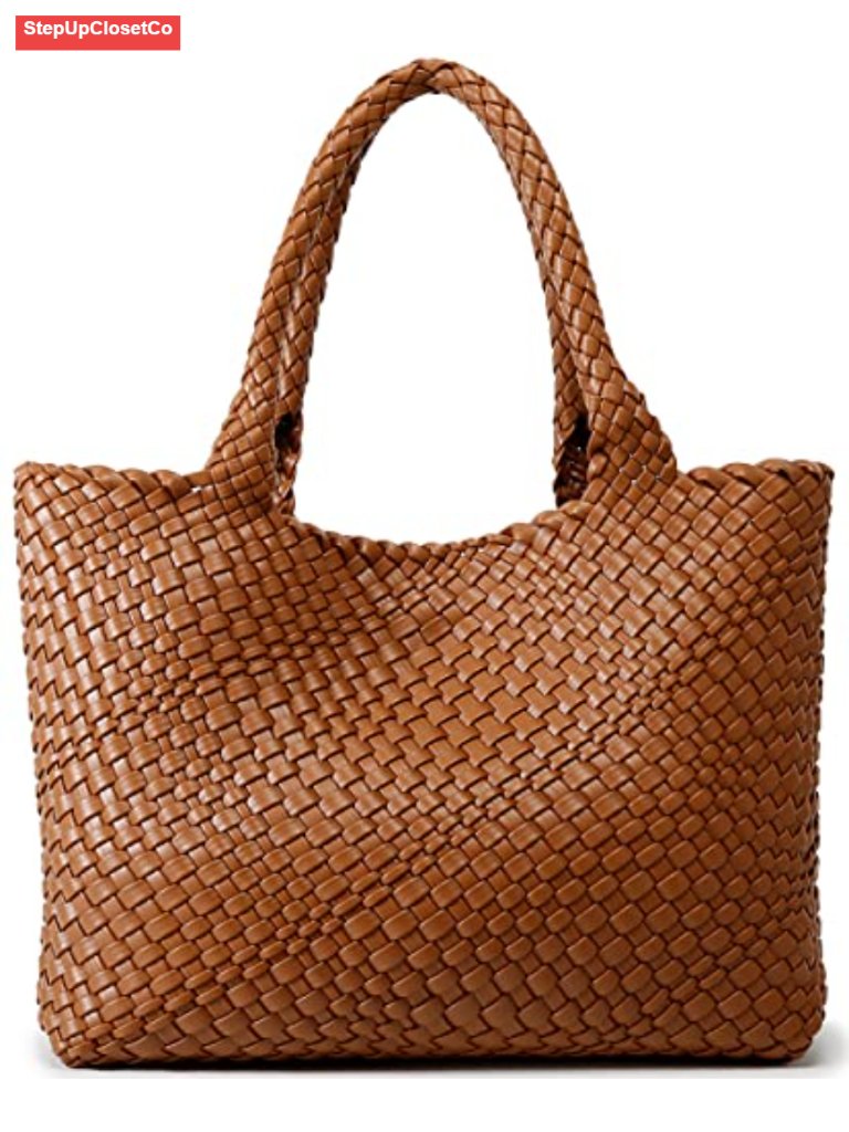Woven Vegan Leather Shoulder Bag Top Handle Tote Handbag Work Travel